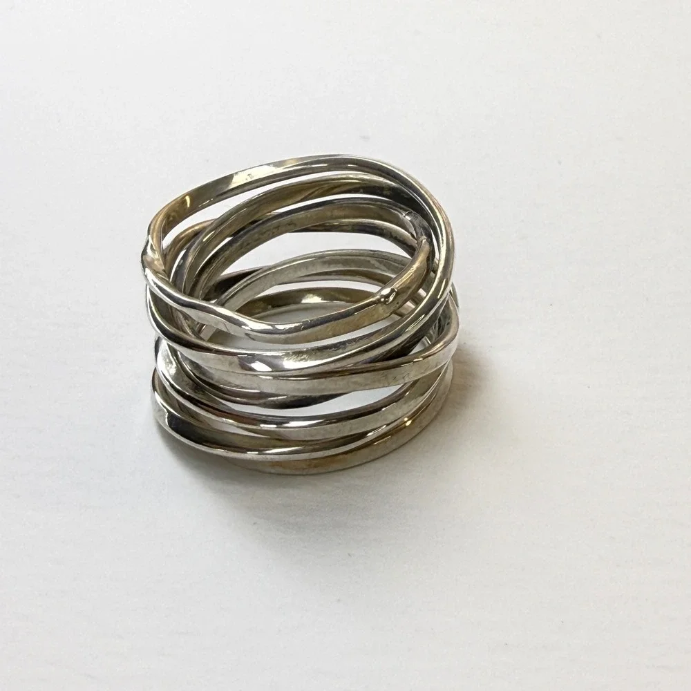 Sterling Silver Multi Band Rolling Ring Hammered Interlocking Stacked Size 6.5